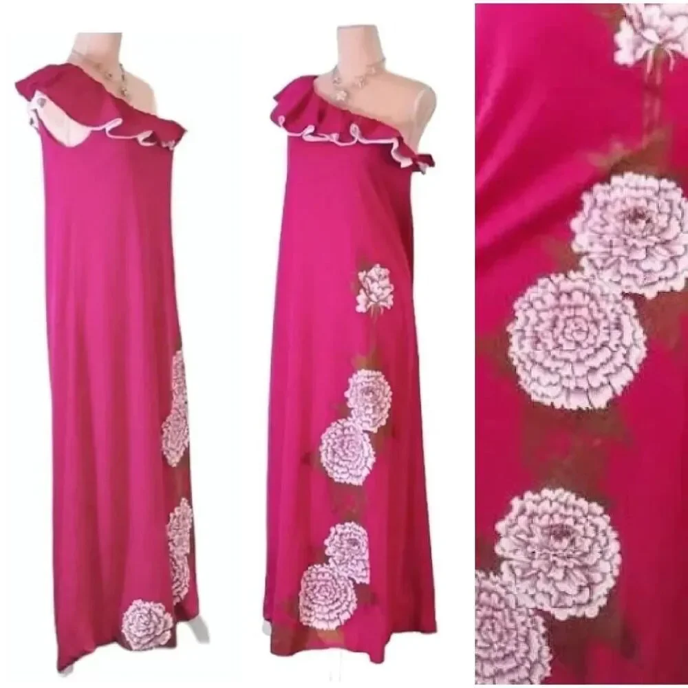 VTG 60s Alfred Shaheen Hand Painted Pink One Shoulder Maxi Dress 10 LG RARE - Picture 5 of 12